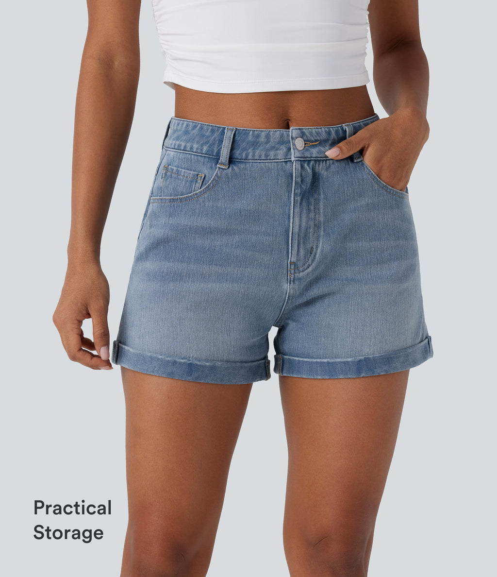 Mid Rise Zipper Pockets Denim Casual Shorts 3'' — Crushed Ice Blue Denim — view 6