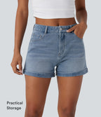 Mid Rise Zipper Pockets Denim Casual Shorts 3'' — Crushed Ice Blue Denim — view 6