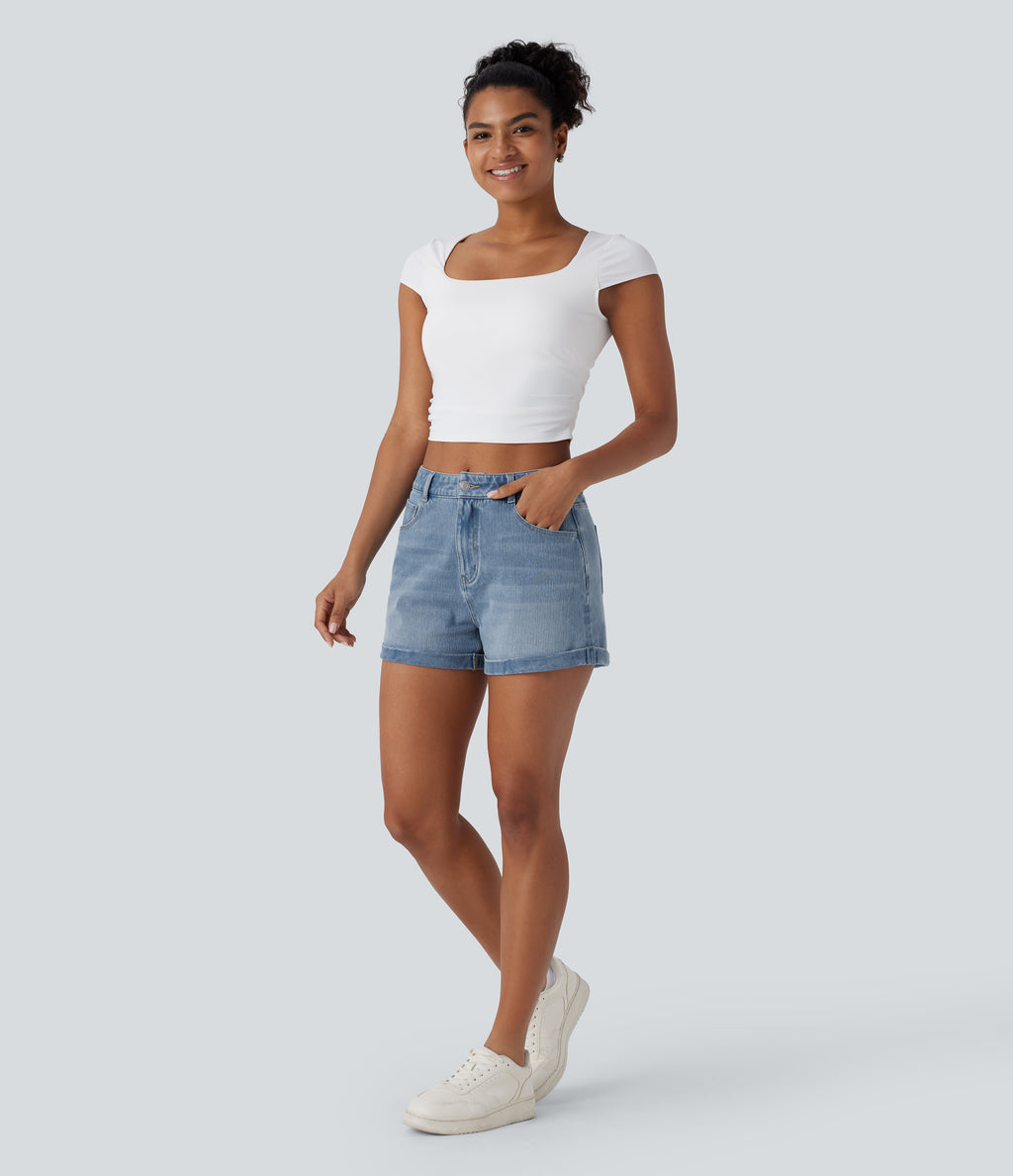 Mid Rise Zipper Pockets Denim Casual Shorts 3'' — Crushed Ice Blue Denim — view 3