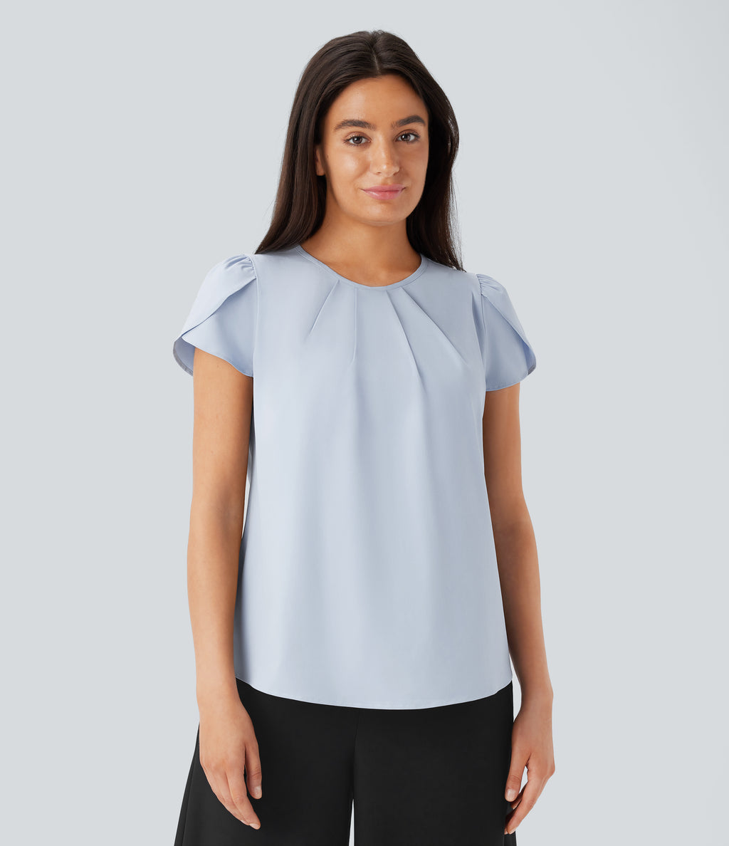 Round Neck Short Sleeve Keyhole Back Quick Dry Work Top — Ballad Blue — view 7
