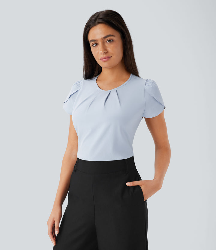 Round Neck Short Sleeve Keyhole Back Quick Dry Work Top — Ballad Blue — view 1