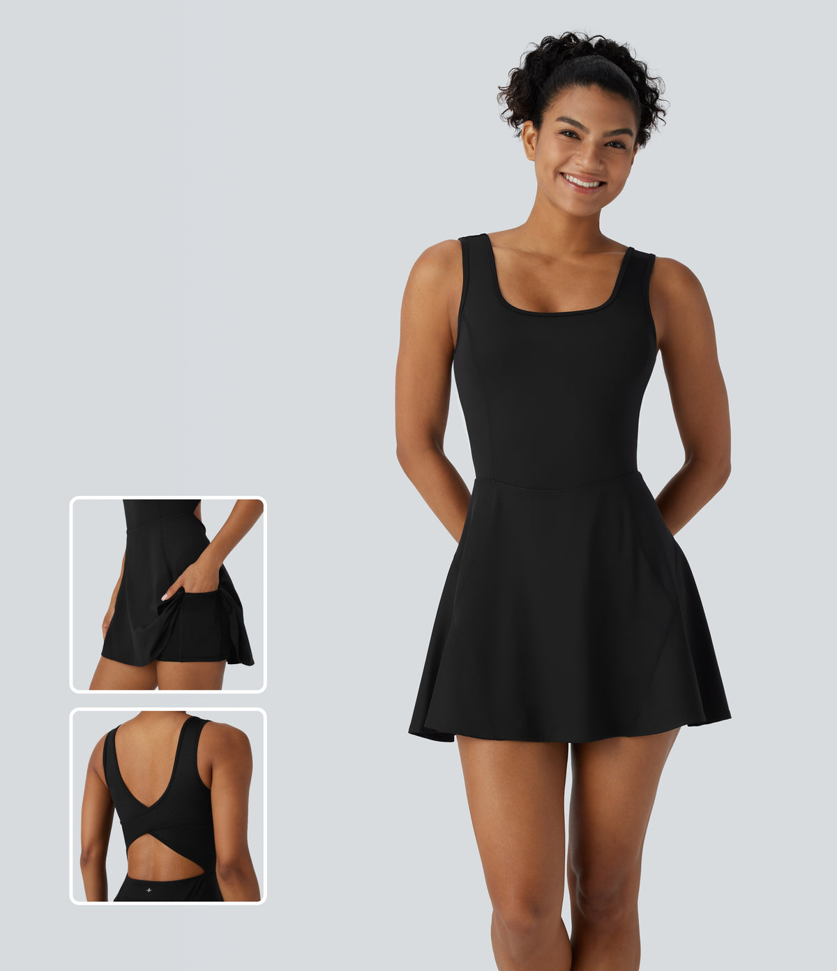 Airy U Neck 2-in-1 Pocket Mini InstantCool Dance Active Dress — Black — view 1