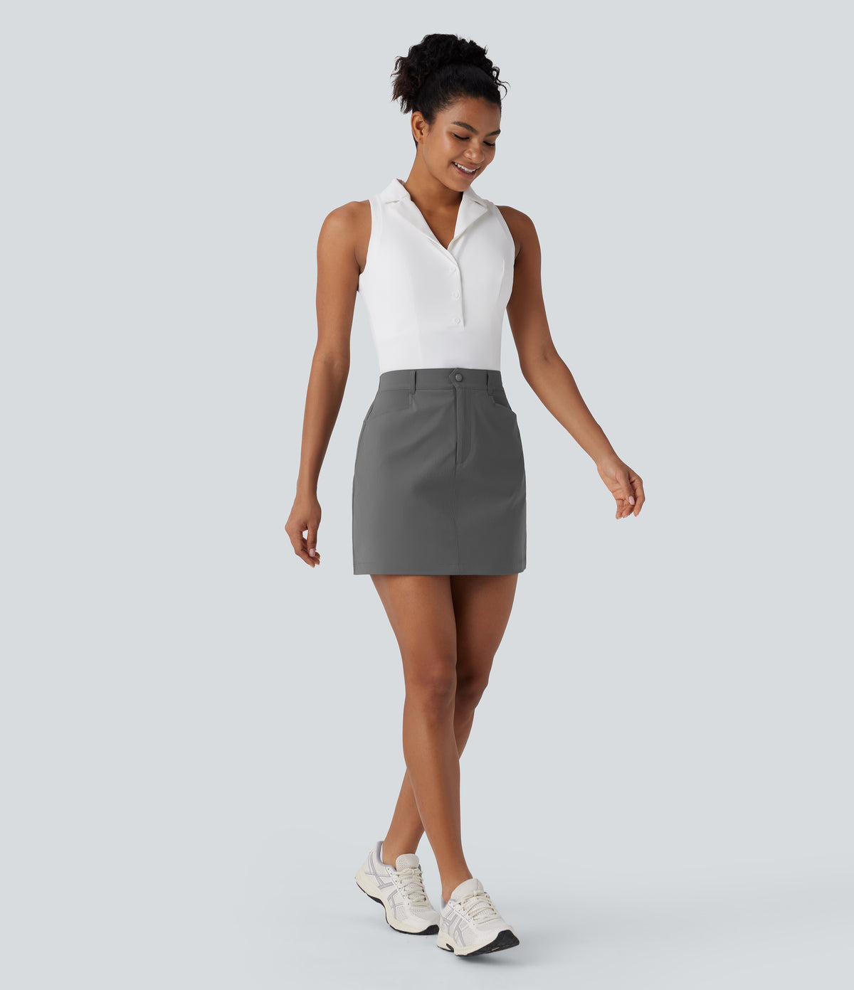 High Waisted Zipper Pocket A Line Mini Golf Skirt — Steel Gray — view 8