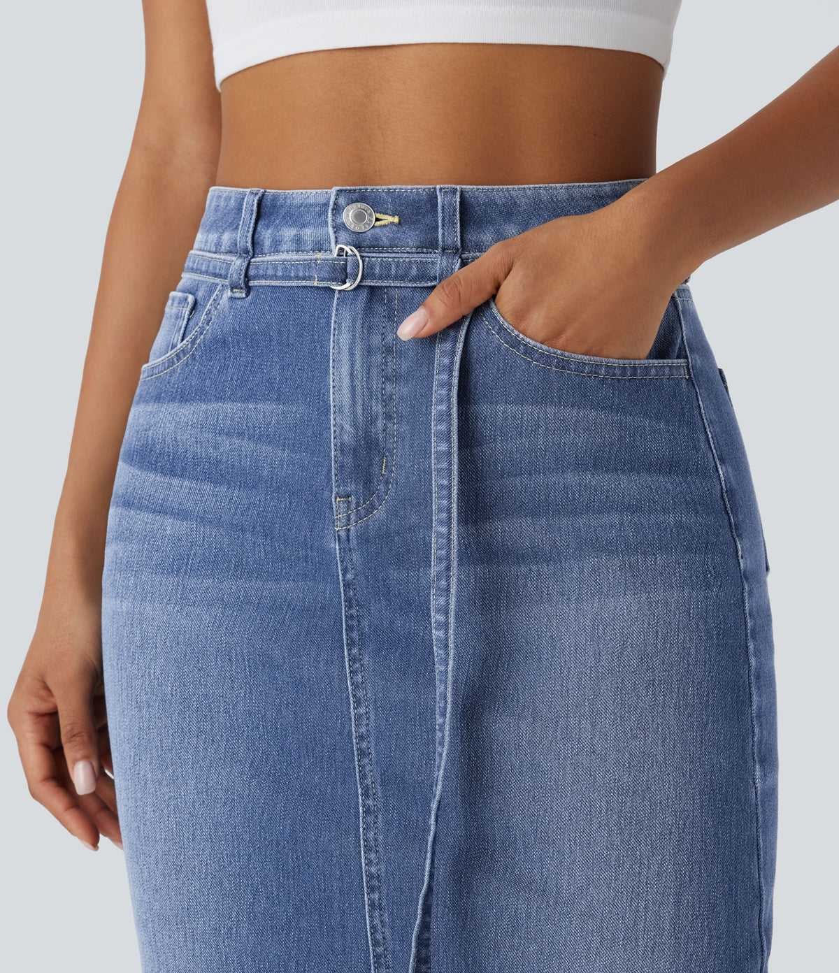 Mid Rise Zipper Pockets Washed Denim Midi Casual Skirt — Cedar Blue Denim — view 6