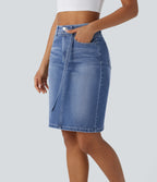 Mid Rise Zipper Pockets Washed Denim Midi Casual Skirt — Cedar Blue Denim — view 3