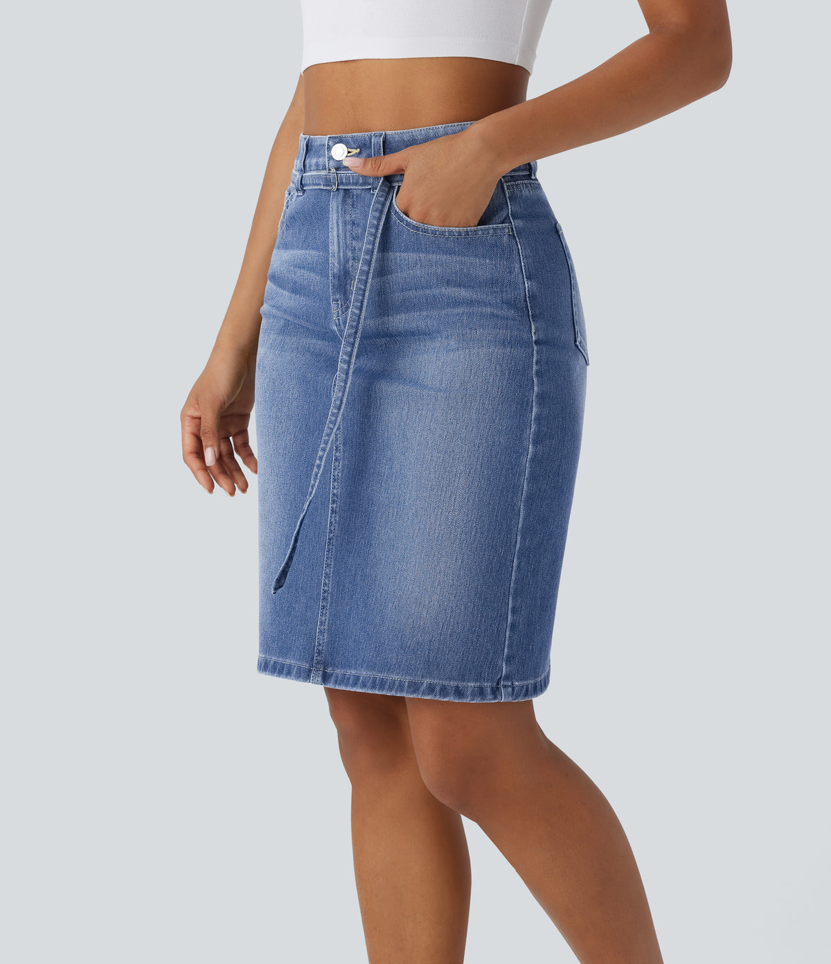 Mid Rise Zipper Pockets Washed Denim Midi Casual Skirt — Cedar Blue Denim — view 3