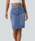 Mid Rise Zipper Pockets Washed Denim Midi Casual Skirt — Cedar Blue Denim — view 1