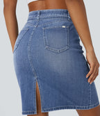 Mid Rise Zipper Pockets Washed Denim Midi Casual Skirt — Cedar Blue Denim — view 4