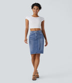 Mid Rise Zipper Pockets Washed Denim Midi Casual Skirt — Cedar Blue Denim — view 7