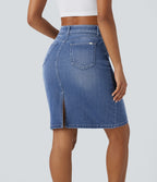 Mid Rise Zipper Pockets Washed Denim Midi Casual Skirt — Cedar Blue Denim — view 2