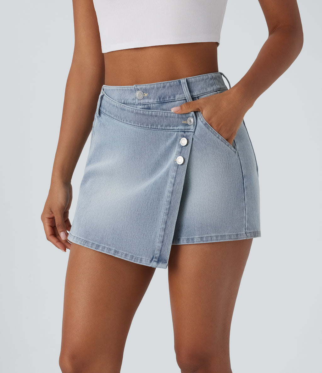 High Waisted Pockets Wrapped Washed Denim Casual Skort — Creek Blue Denim — view 3
