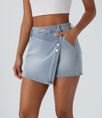 High Waisted Pockets Wrapped Washed Denim Casual Skort — Creek Blue Denim — view 3