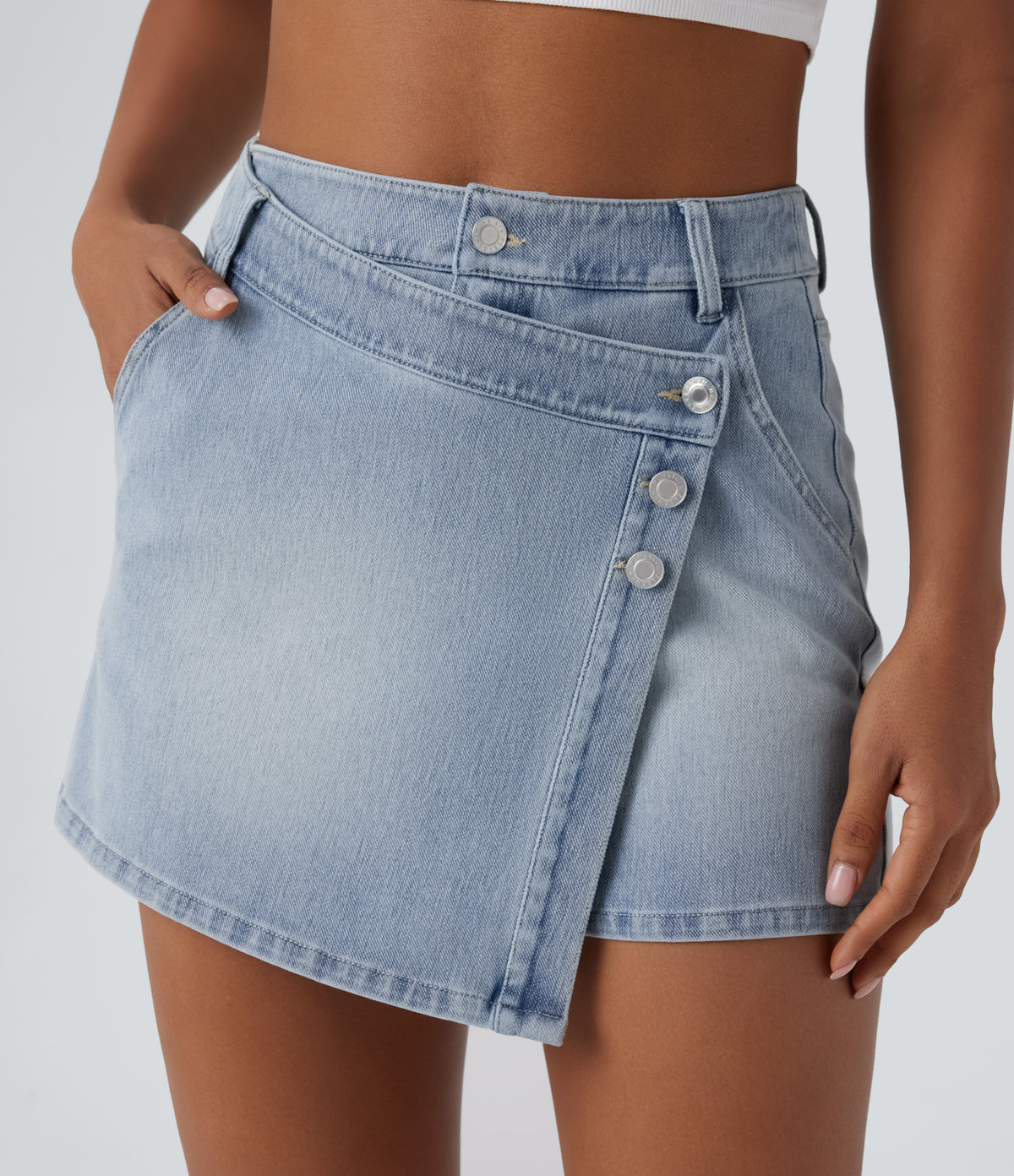 High Waisted Pockets Wrapped Washed Denim Casual Skort — Creek Blue Denim — view 4