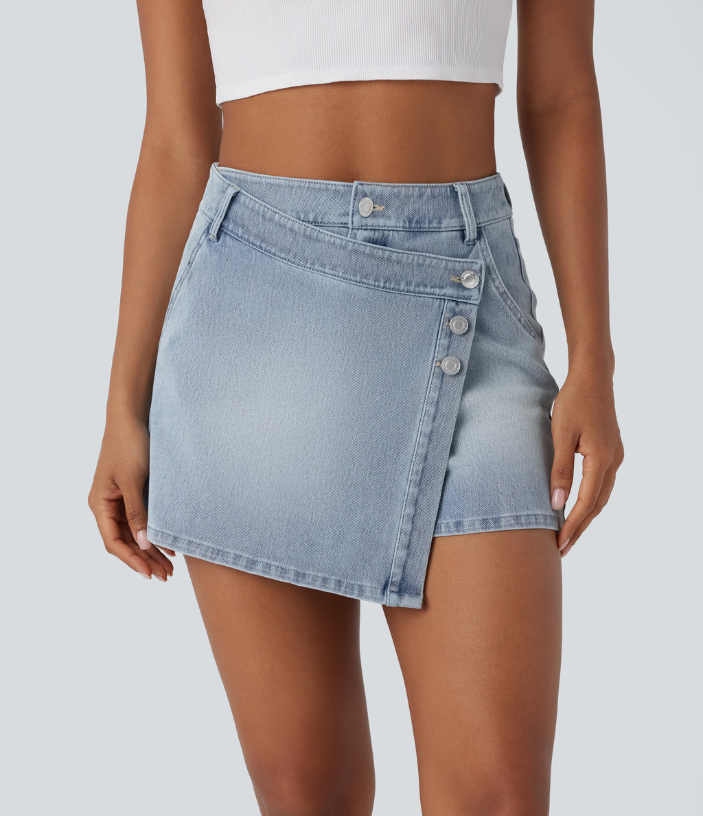 High Waisted Pockets Wrapped Washed Denim Casual Skort — Creek Blue Denim — view 1