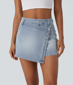 High Waisted Pockets Wrapped Washed Denim Casual Skort — Creek Blue Denim — view 1