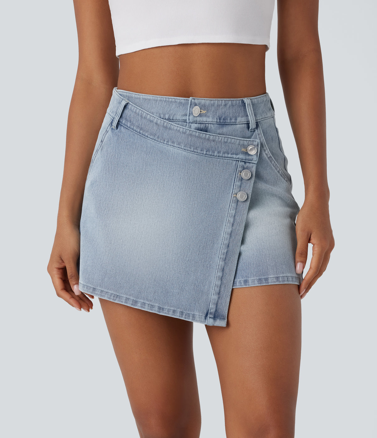 High Waisted Pockets Wrapped Washed Denim Casual Skort — Creek Blue Denim — view 1