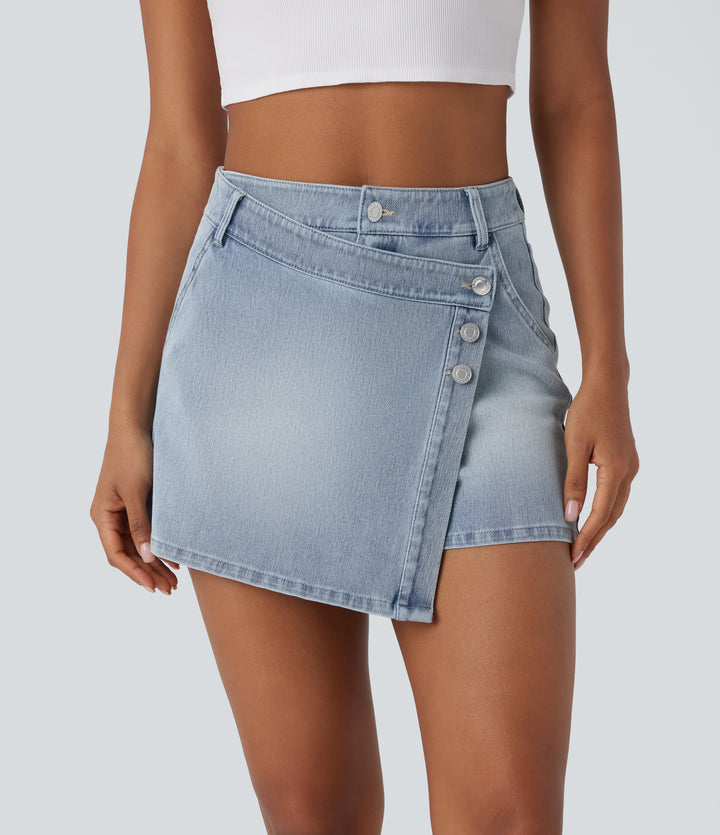 High Waisted Pockets Wrapped Washed Denim Casual Skort — Creek Blue Denim — view 1