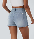 High Waisted Pockets Wrapped Washed Denim Casual Skort — Creek Blue Denim — view 2
