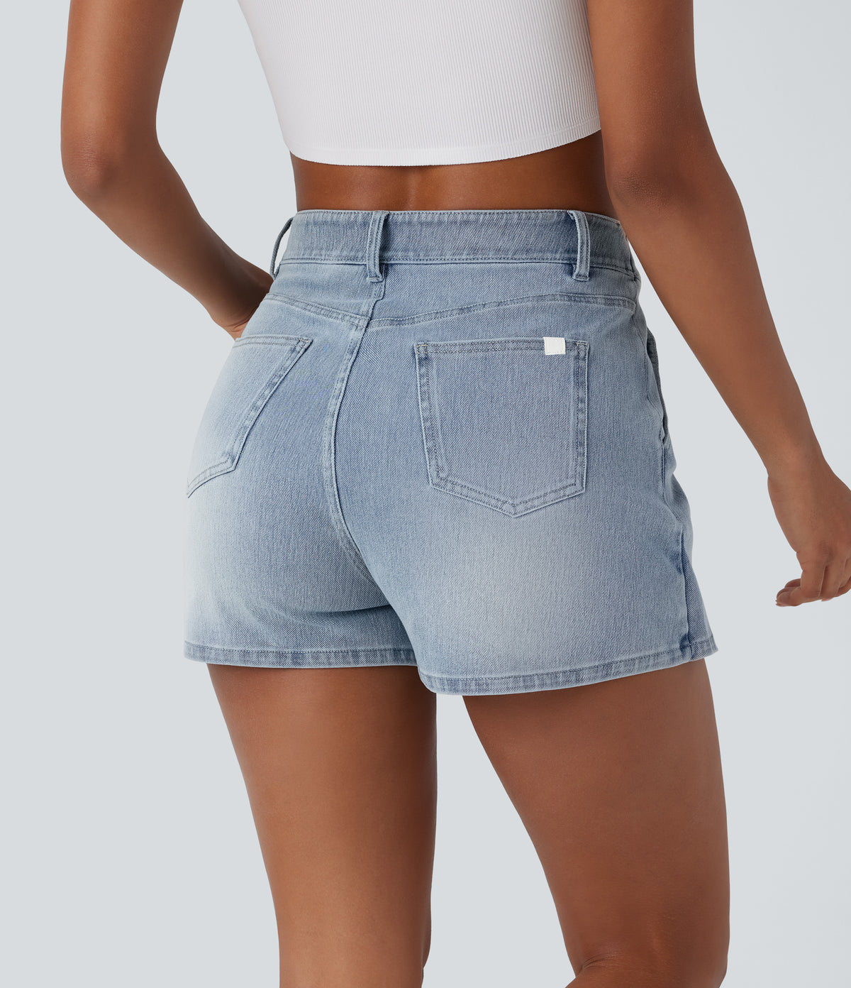 High Waisted Pockets Wrapped Washed Denim Casual Skort — Creek Blue Denim — view 2