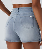 High Waisted Pockets Wrapped Washed Denim Casual Skort — Creek Blue Denim — view 5