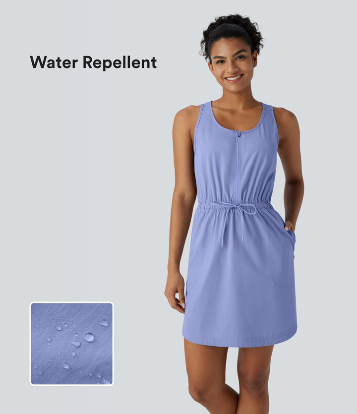 Water Repellent Wear-Resistant U Neck Sleeveless Half Zip Drawstring Side Pocket Curved Hem Mini Hiking Active Dress — Azure Haze — view 1