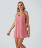 V Neck Adjustable Strap Backless Tie Back Side Pocket Mini Resort Linen-Feel Dress — Rosette — view 4