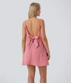 V Neck Adjustable Strap Backless Tie Back Side Pocket Mini Resort Linen-Feel Dress — Rosette — view 1