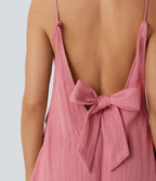 V Neck Adjustable Strap Backless Tie Back Side Pocket Mini Resort Linen-Feel Dress — Rosette — view 5