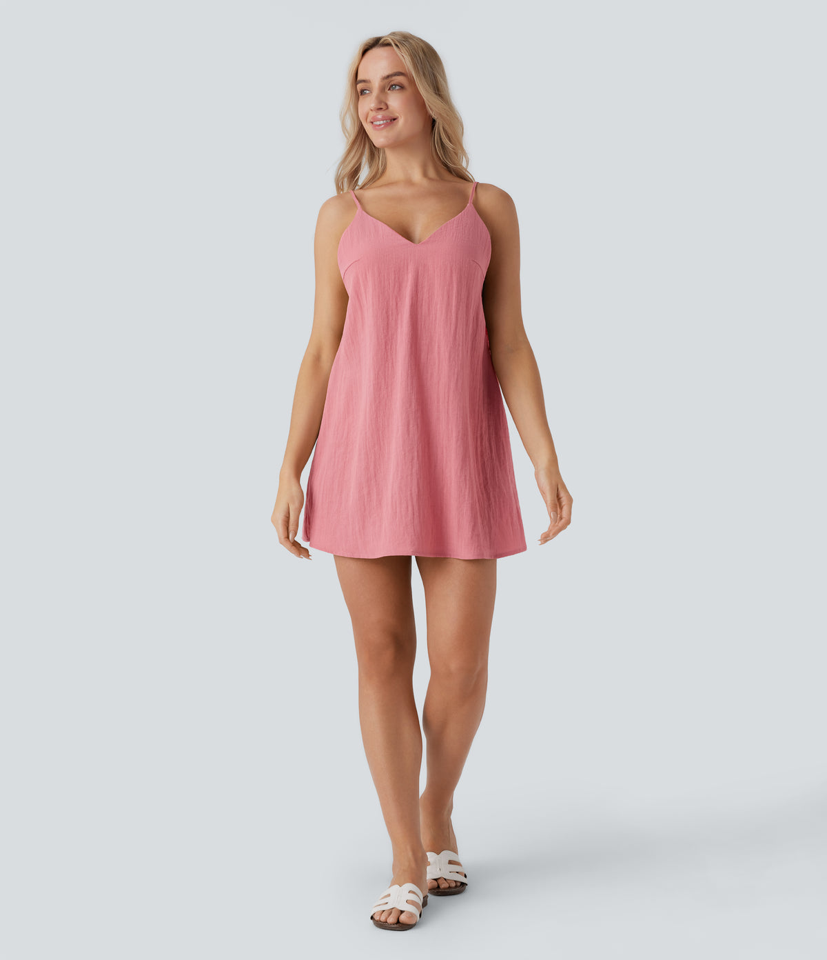 V Neck Adjustable Strap Backless Tie Back Side Pocket Mini Resort Linen-Feel Dress — Rosette — view 8