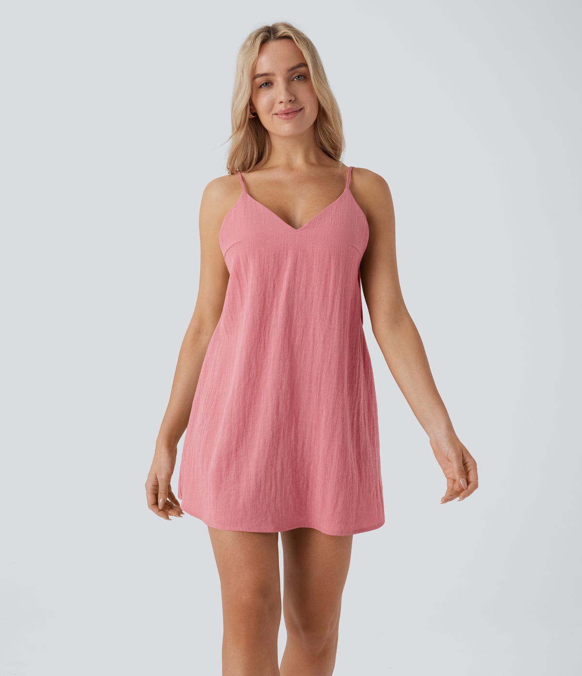 V Neck Adjustable Strap Backless Tie Back Side Pocket Mini Resort Linen-Feel Dress — Rosette — view 3