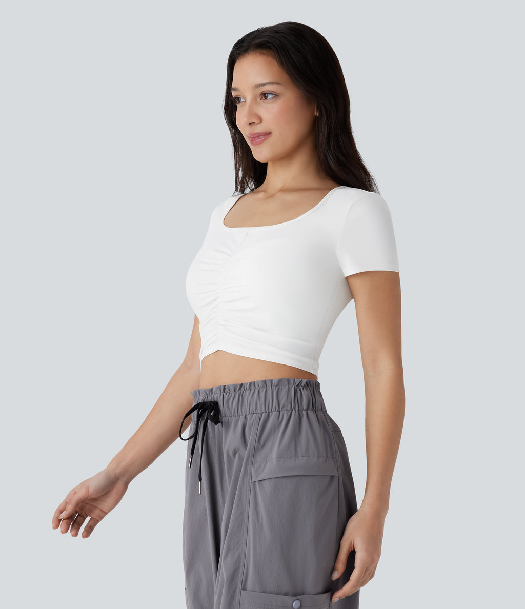Square Neck Short Sleeve Ruched Cropped Hiking Sports Top-UPF40+ — White — view 3