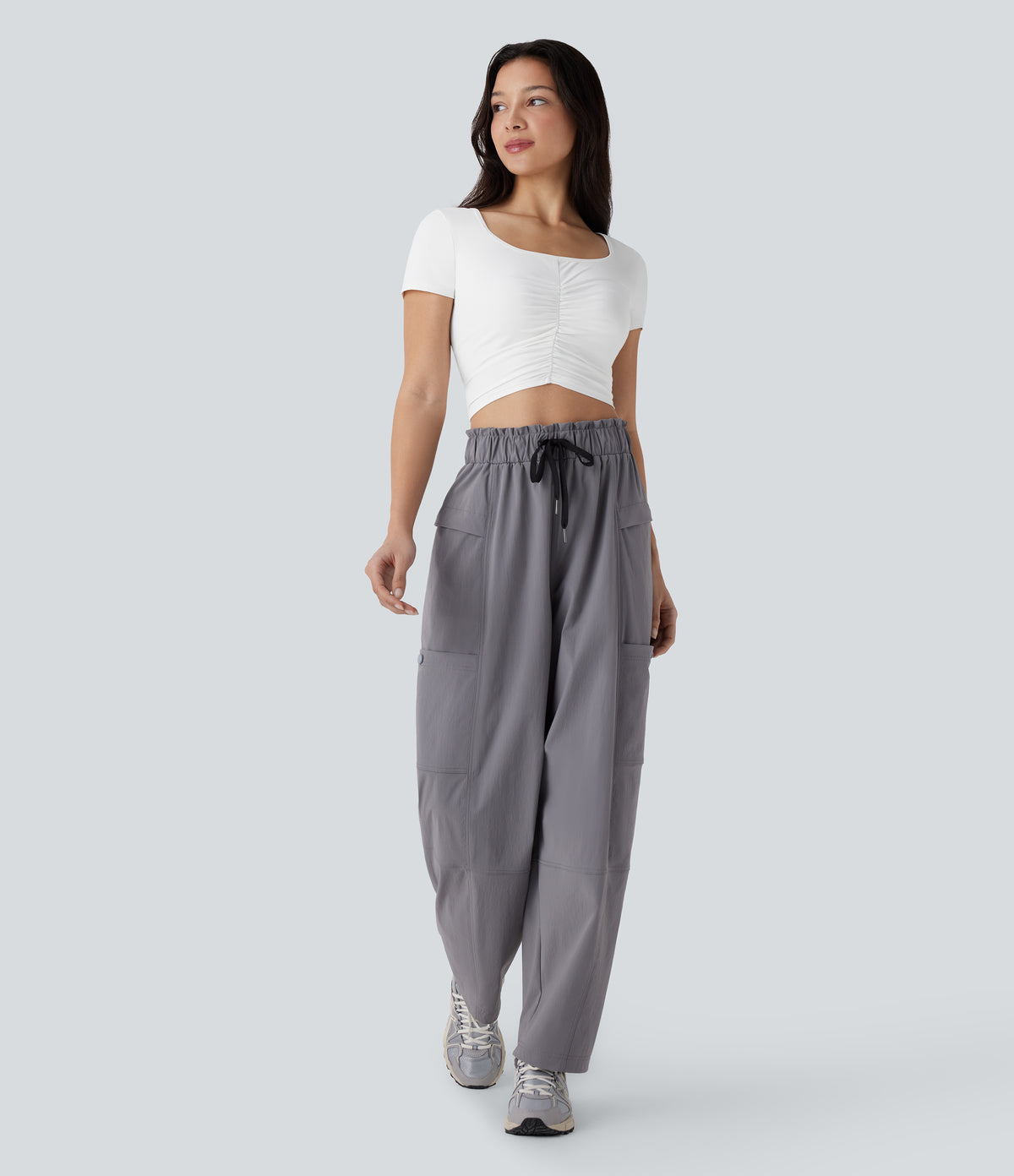 Square Neck Short Sleeve Ruched Cropped Hiking Sports Top-UPF40+ — White — view 6