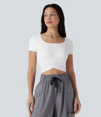 Square Neck Short Sleeve Ruched Cropped Hiking Sports Top-UPF40+ — White — view 1