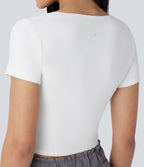 Square Neck Short Sleeve Ruched Cropped Hiking Sports Top-UPF40+ — White — view 4