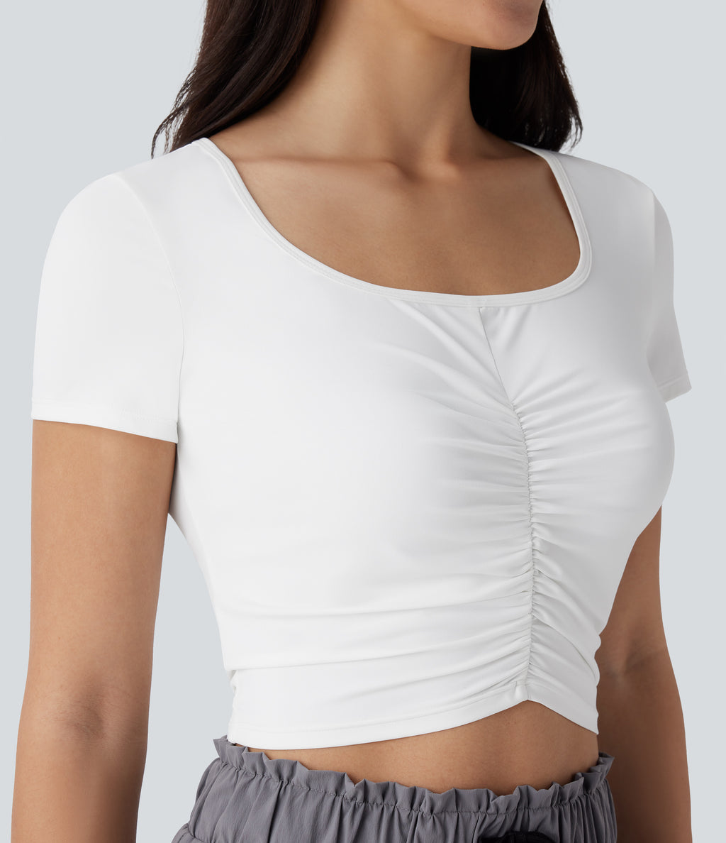 Square Neck Short Sleeve Ruched Cropped Hiking Sports Top-UPF40+ — White — view 5