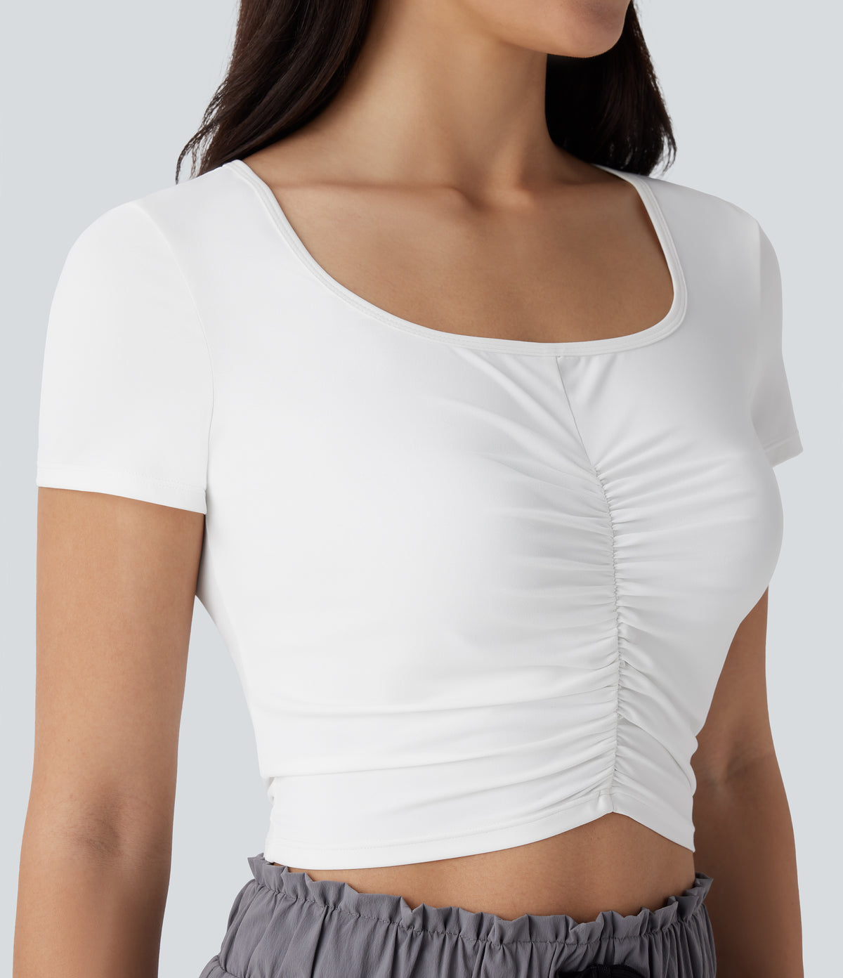 Square Neck Short Sleeve Ruched Cropped Hiking Sports Top-UPF40+ — White — view 5