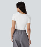 Square Neck Short Sleeve Ruched Cropped Hiking Sports Top-UPF40+ — White — view 2