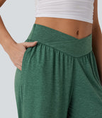 Crossover High Waisted Side Pocket Drawstring Casual Joggers — Emerald Floral Yarn — view 4
