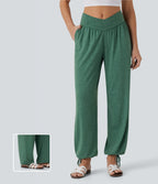 Crossover High Waisted Side Pocket Drawstring Casual Joggers — Emerald Floral Yarn — view 1