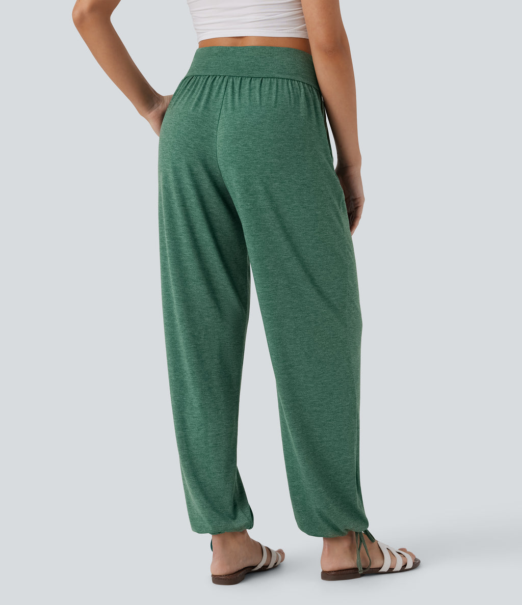 Crossover High Waisted Side Pocket Drawstring Casual Joggers — Emerald Floral Yarn — view 2