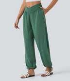 Crossover High Waisted Side Pocket Drawstring Casual Joggers — Emerald Floral Yarn — view 3