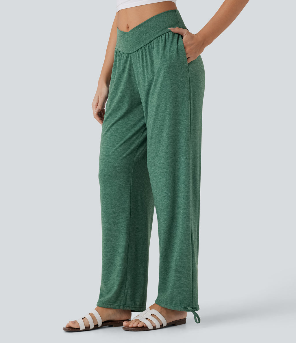 Crossover High Waisted Side Pocket Drawstring Casual Joggers — Emerald Floral Yarn — view 7