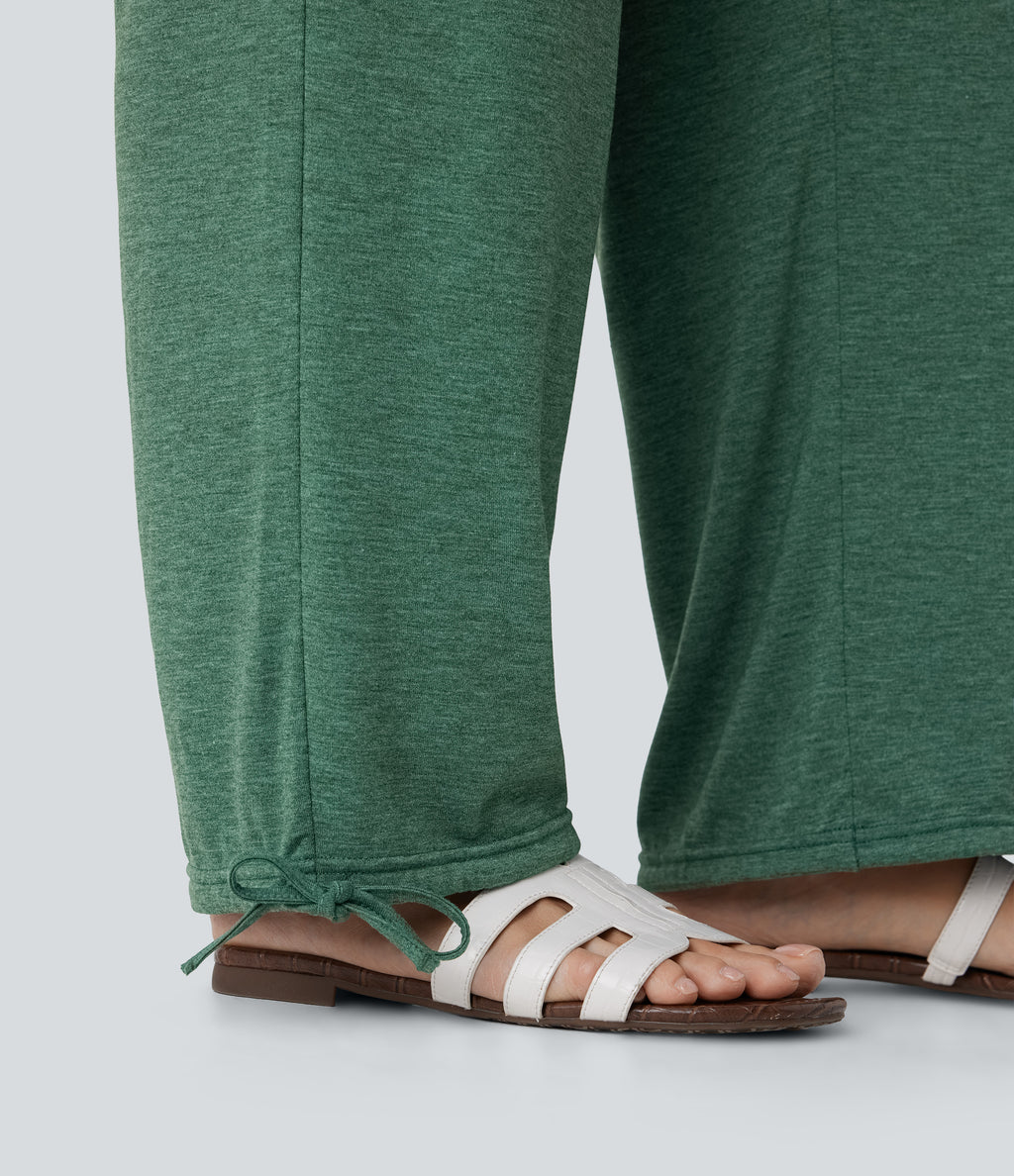 Crossover High Waisted Side Pocket Drawstring Casual Joggers — Emerald Floral Yarn — view 6