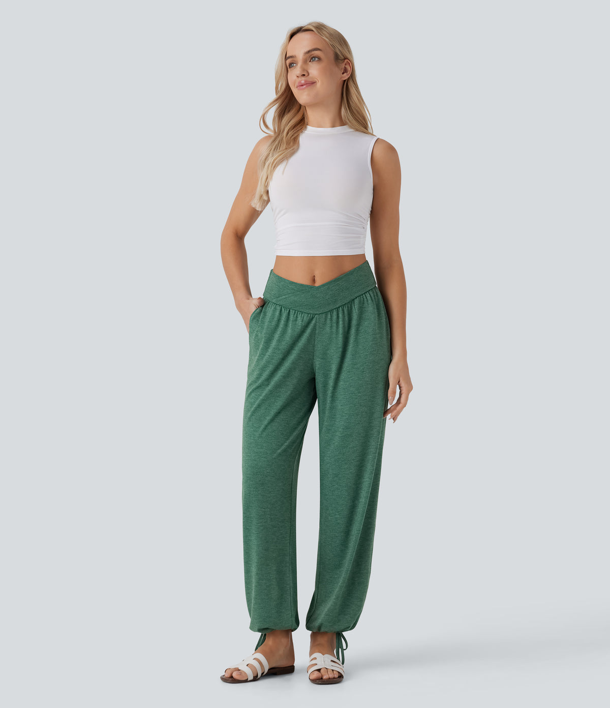 Crossover High Waisted Side Pocket Drawstring Casual Joggers — Emerald Floral Yarn — view 8