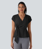 V Neck Short Sleeve Wrapped Ruched Work Blouse — Black — view 7