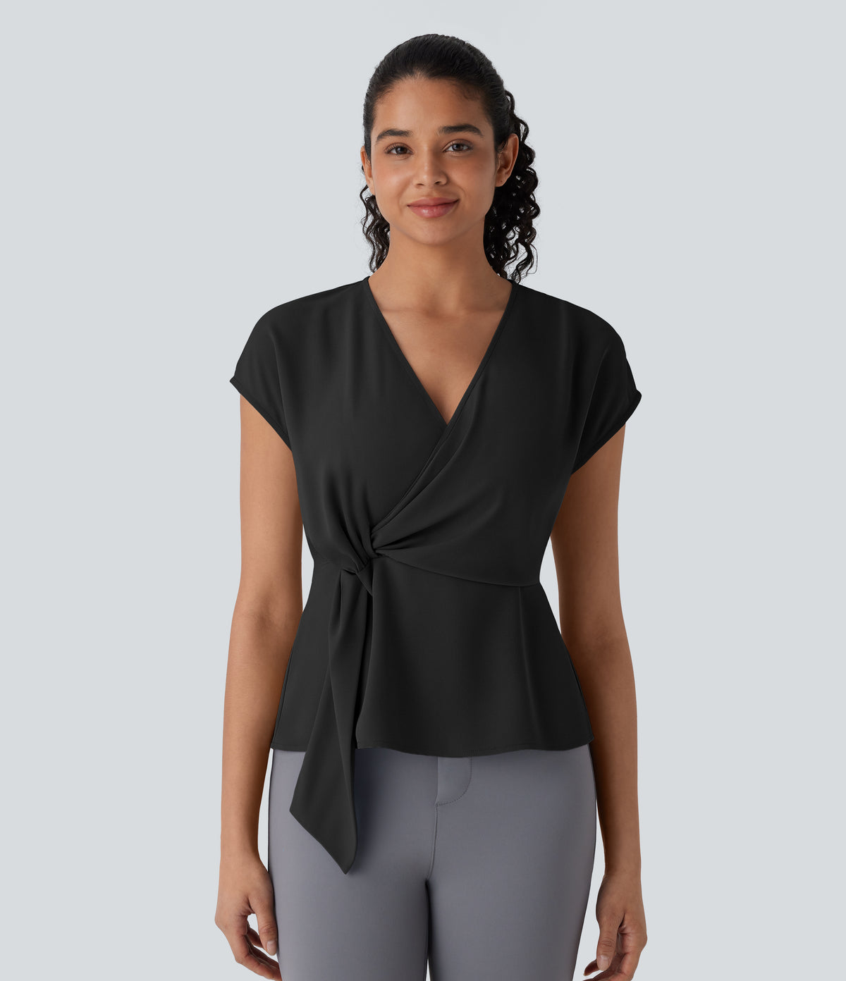 V Neck Short Sleeve Wrapped Ruched Work Blouse — Black — view 7