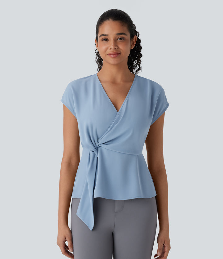 V Neck Short Sleeve Wrapped Ruched Work Blouse — Skyride — view 1
