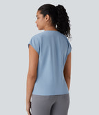 V Neck Short Sleeve Wrapped Ruched Work Blouse — Skyride — view 2