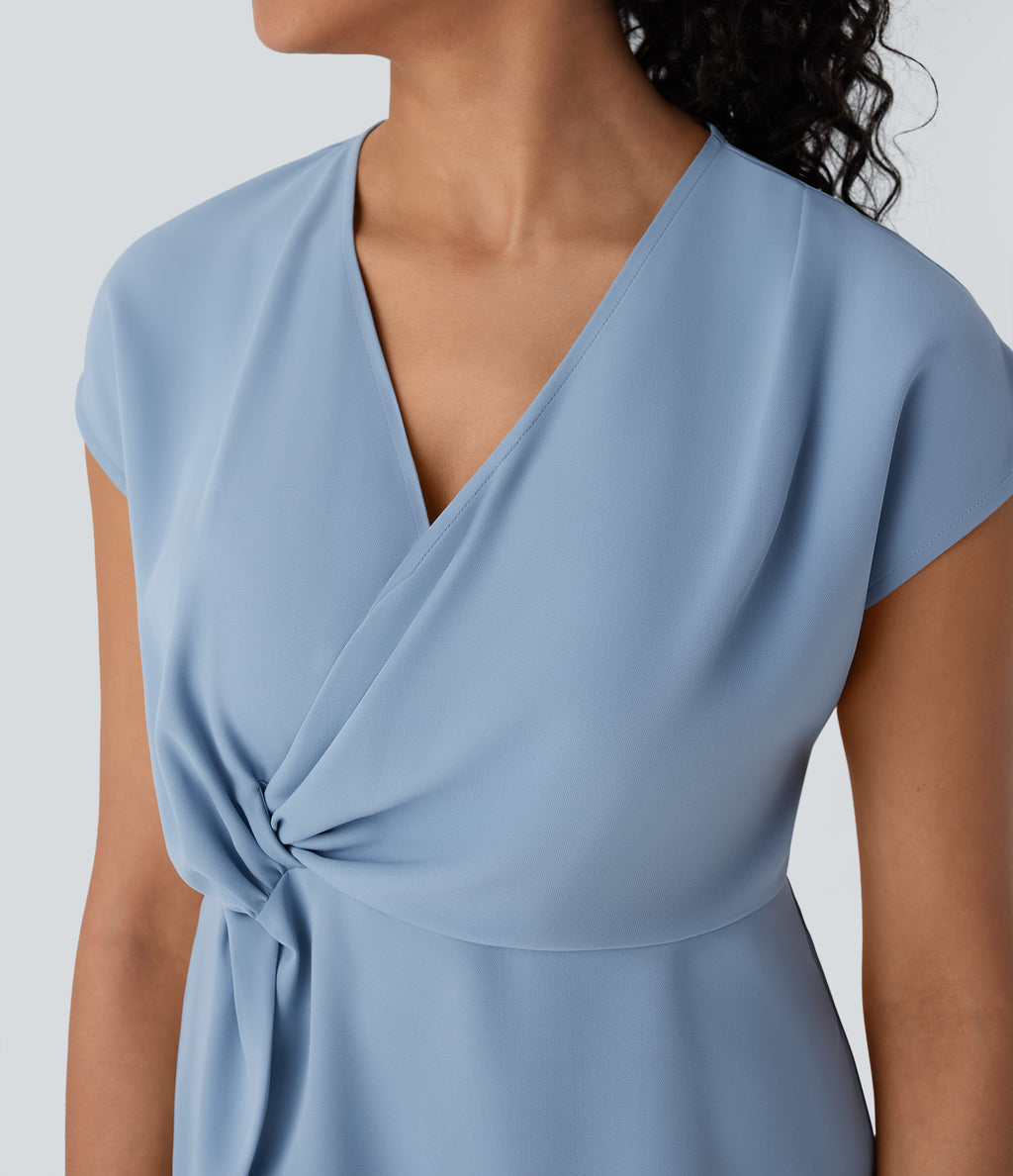 V Neck Short Sleeve Wrapped Ruched Work Blouse — Skyride — view 4