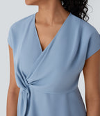 V Neck Short Sleeve Wrapped Ruched Work Blouse — Skyride — view 4
